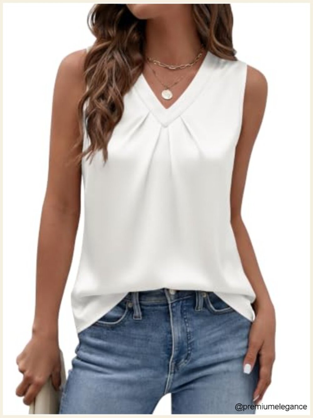 Satin Silk Pleated V-Neck Sleeveless Tank Top Blouse